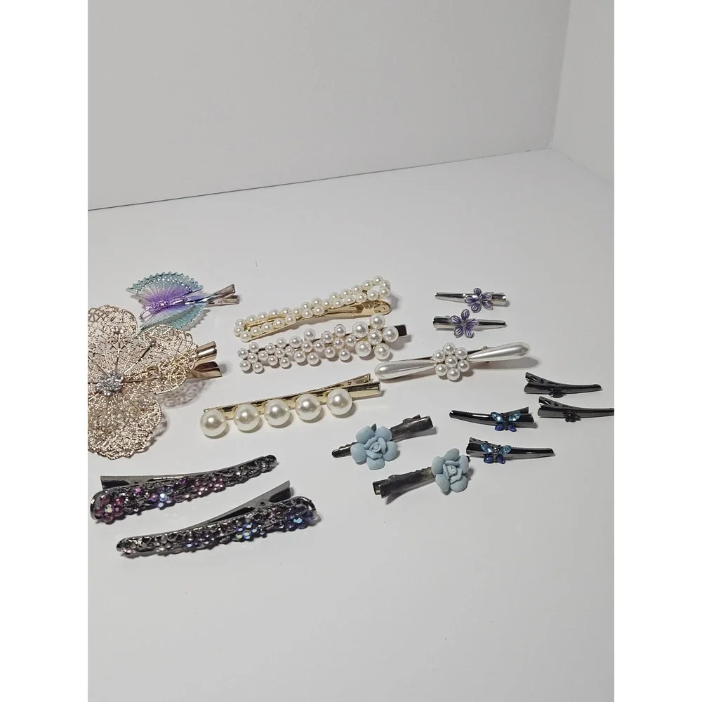 Vintage Hair Barrettes Clips Lot 21pc Huge Rhinestone Pearl Butterfly Floral Set